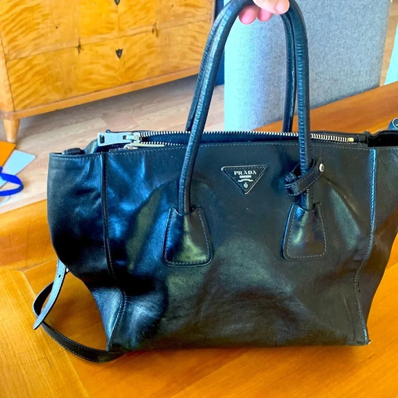 Good condition PRADA BAG black smooth soft leather double handle satchel - Picture 1 of 12